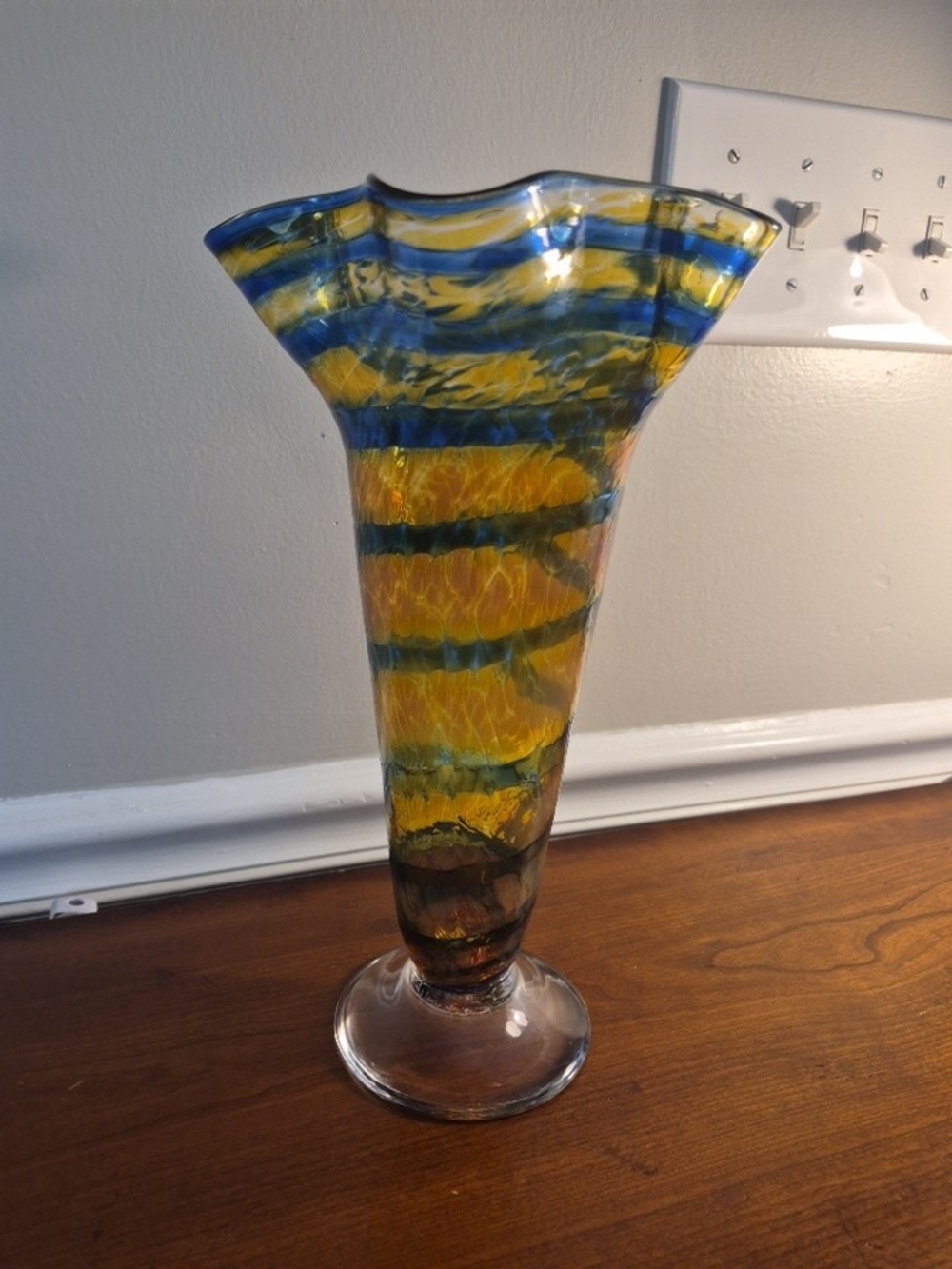 Beautiful Hand Blown Blue and Yellow Flared Art Glass Vase Signed